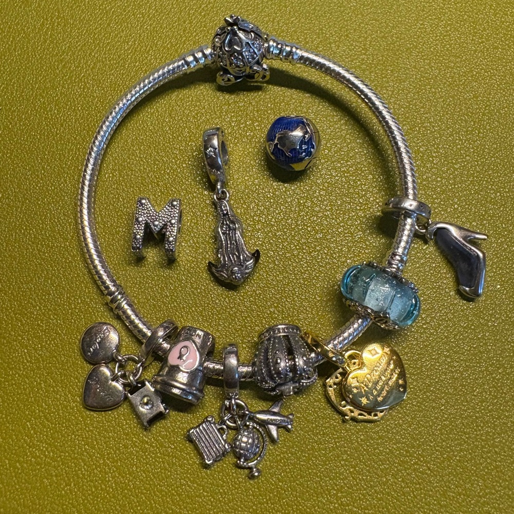 Pandora Silver and Gold Charm Bracelet with 10 charms